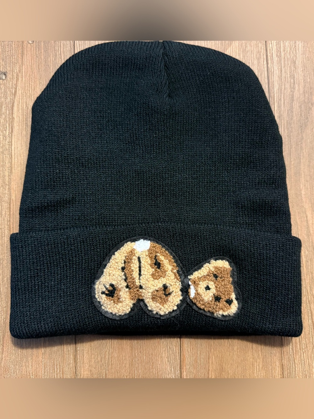 Kensie Black Knit Beanie with Embroidered Bear Patch